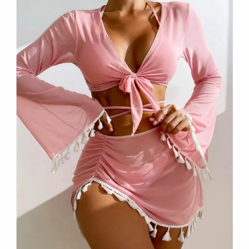 Sexy 4pcs Boho Tassels Trim Bikinis Sets Ladies Padded Bikini Set +cover Up Tops Skirts Beachwear Bathing Suit Biquini Monokini