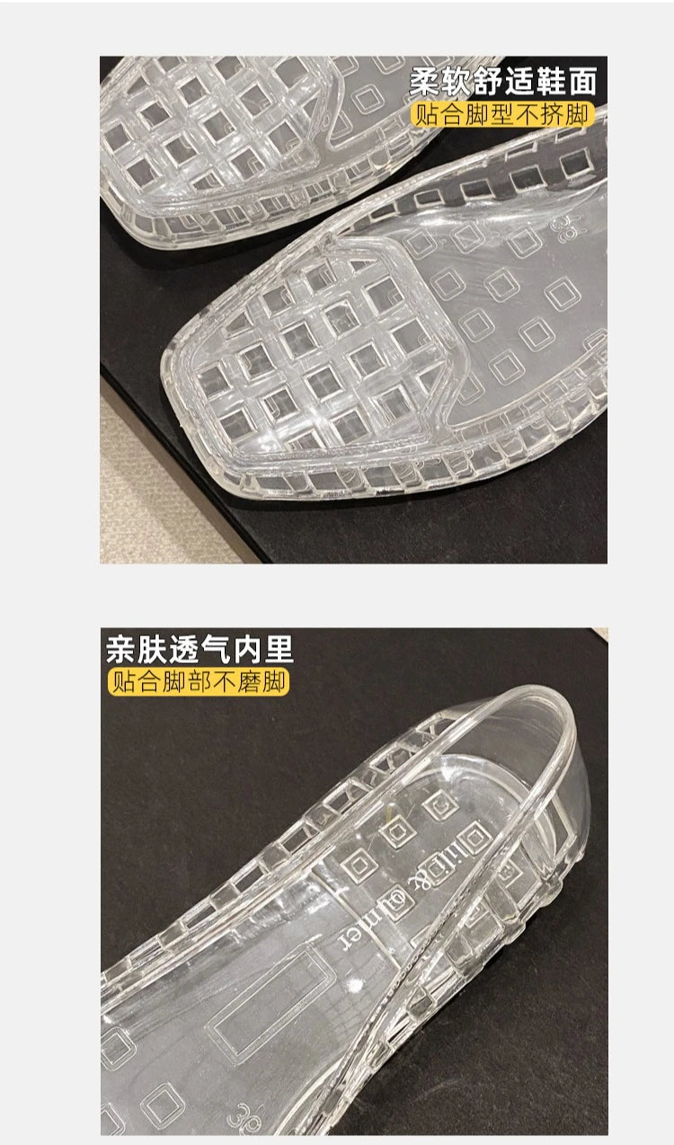 New 2025 Women Fashion Jelly Shoes Summer Cut-out Flat Sandals, Soft PVC Casual Square Toe Girls Daily Walking Sandalias