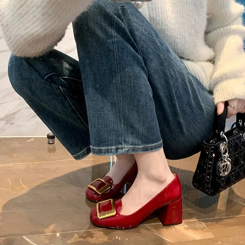 Women Pumps Fashion Square Heel Sexy High Heels Wedding Shoes Ladies Round Toe Metal Buckle Party Chunky Shoes Zapatillas Mujer