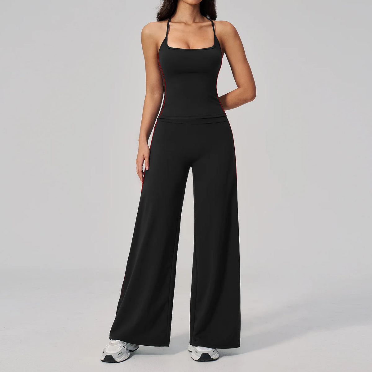 Color Contrast Yoga Sets Women Hanging Neck Slim Sports Tank Top Running Fitness Suit Outdoor Flare Leggings Workout Clothes