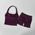 Yoga 2 Pieces Gym Set Women Backless Halter Tops High Waist Seamless Shorts Gym Suit Fitness Sports Bras Sportswear Workout Sets