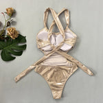 Sexy Gold One Piece Swimsuit 2025 Women Halter Neck Pleate Backless Tummy Control Swimwear Beach Bathing Suit Holiday Monokini