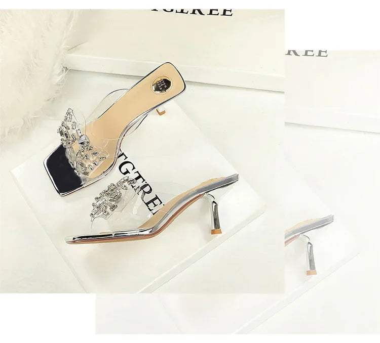 BIGTREE New Crystal Slippers Shoes Women Fine High Heels Transparent Sandals Female Slippers Sexy Outside Beaded Beach Shoes