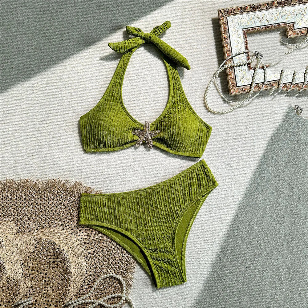 Solid Green Swimwears Metal Starfish Sexy Halter Bikinis Sets Swimsuit Woman 2026 Bathing Swimming Suit Brazilian Bikini Mujer