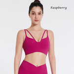 DIAS FIT JOY Women's Double Thin Shoulder Strap Yoga Vest with Chest Mat Sports Underwear V-neck Fitness Bra Yoga Back Beauty
