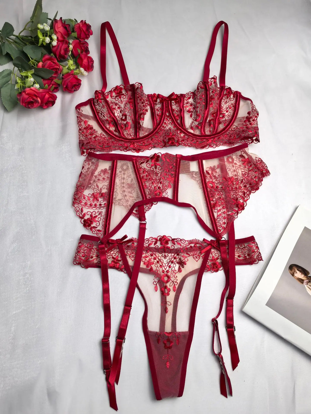Women's New Floral Embroidered See-Through Mesh Lingerie 4-Piece Set - Sexy Underwear for Special Nights