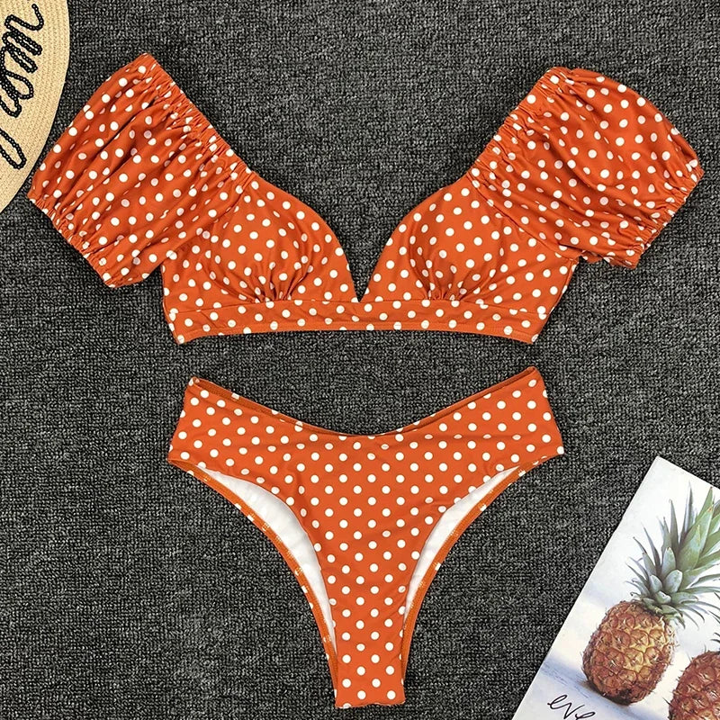 Sexy V Neck Short Sleeve Bikinis Polka Dot Bikini Female Swimsuit Women Swimwear Two-pieces Bikini Set Bather Bathing Suit Swim