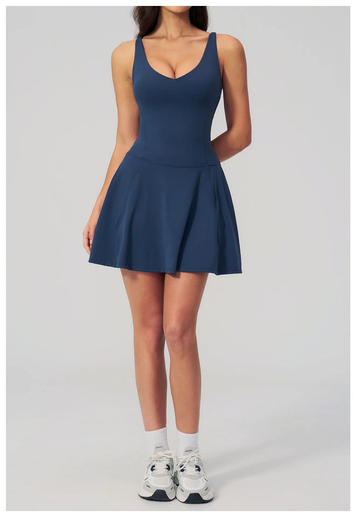 Bodycon Tennis Dress with Shorts Pocket Women Speed Dry Sleeveless V Neck One Piece Sport Outfit Short Dress Fitness Yoga Set
