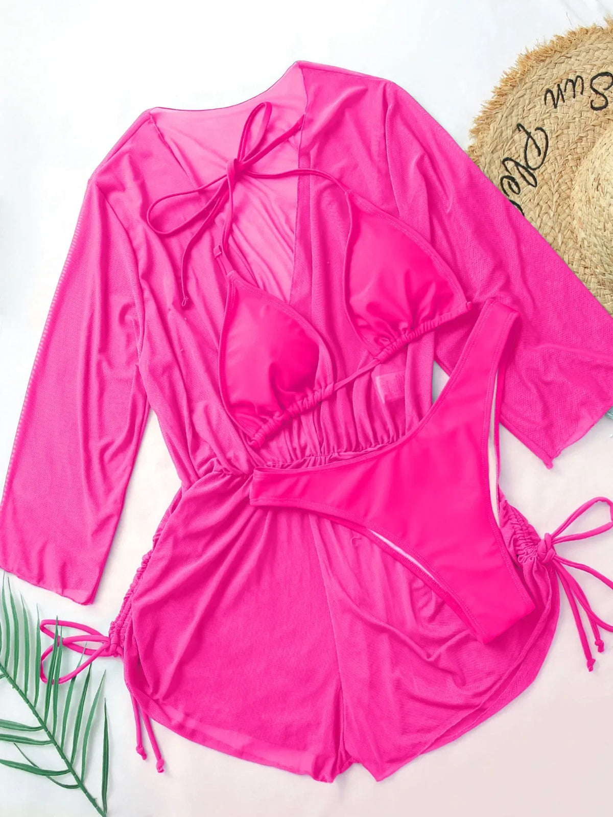 Sexy Long Sleeves Cover Up Bikini Set Women White Black Push Up Mesh Dress 3 Piece Swimsuit Bathing Suit Thong Swimwear 2026