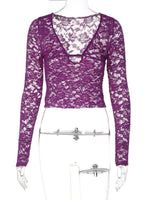 FDYOUI Sexy Deep V-neck Lace T-shirt 2026 Women Long Sleeve See-through Slim Tops Ladies Party Night Club T Shirts Streetwear