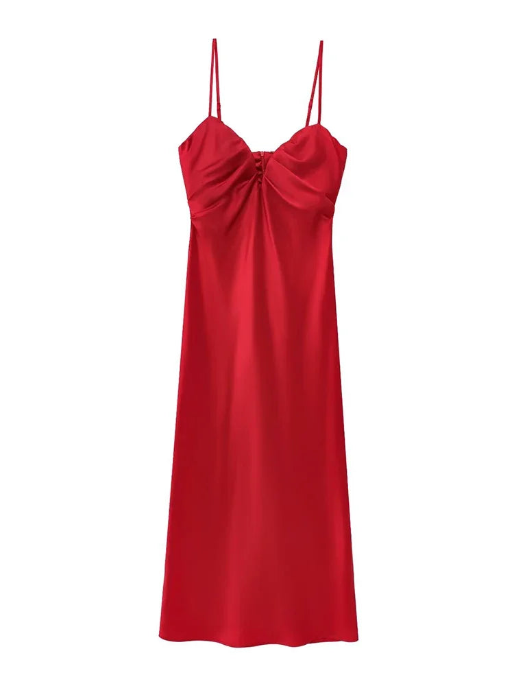 Sweetheart Neck Red Satin Long Dress for Women Spaghetti Strap Straight Elegant Party Vestidos Zip Beach New in Summer Dress
