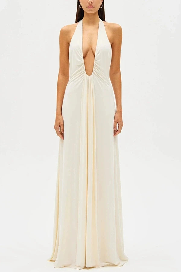 Sexy Deep V Halter Neck Long Dress Women Elegant Bandage Patchwork Luxury Evening Dresses Solid Color Hot Girls Party Vestidos