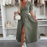 Women's Denim Long Dress Short Sleeve V-Neck Button Down Maxi Dress Casual Jean Dress for Spring Summer