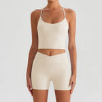 Yoga Shorts Sets Women Hanging Neck Hollow Back Sports T Shirts Sportsuit Gym High Waist Pocket Pants Fitness Workout Clothes