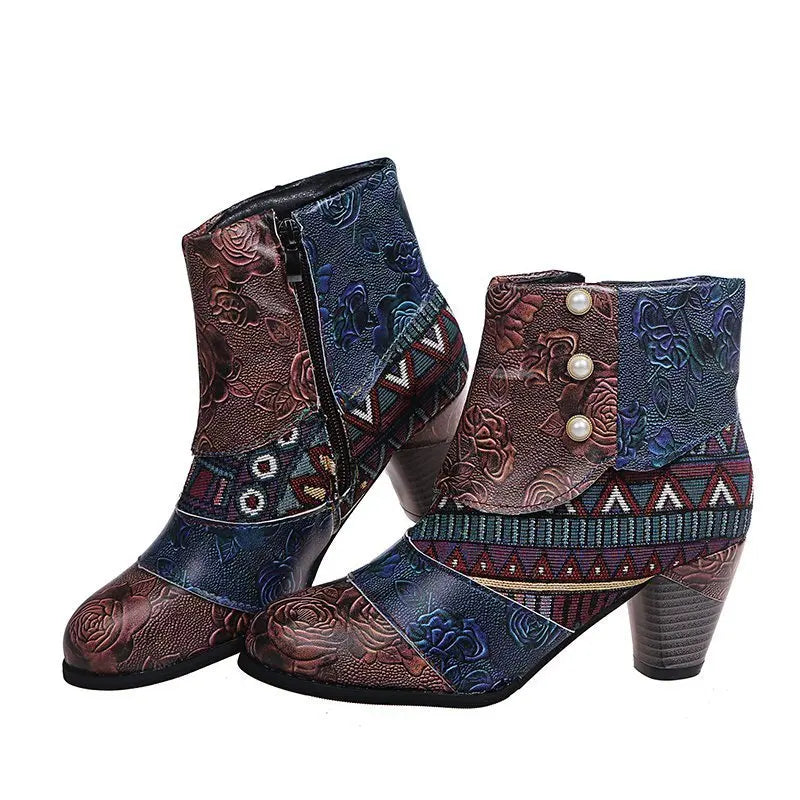 Ankle Boots Women Autumn PU Women's Shoes Ethnic Waterproof Casual Vintage Shoes Zipper High Heel Short Boots Botas Mujer