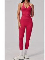 Summer Seamless Yoga Sets Women V Neck Slim Sports Tank Top Fitness Suit Peach Hip High Elasticity Leggings Running Tracksuit