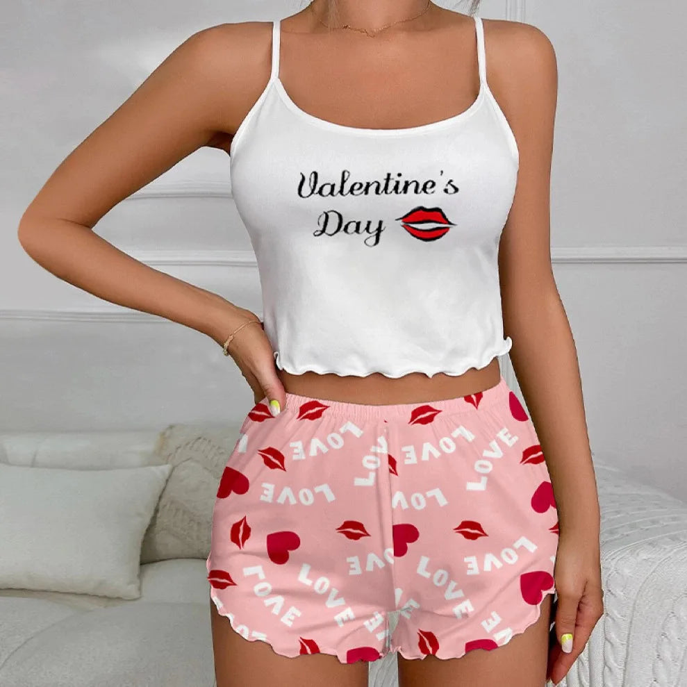 Summer Women's Milk Silk Printed Crown & Flamingo ShortsTank Top Two-Piece Set Casual Loungewear Homewear Sleepwear