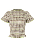 Women Casual Summer Plaid Print Shirred Tops Slim Mock Neck Short Sleeve Crop Ruffle T-shirts Streetwear
