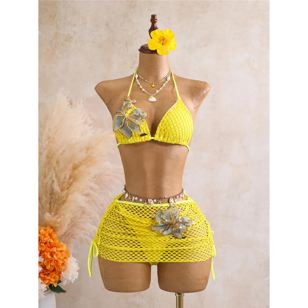With Skirt 3D Flower Halter Bikini Women Swimwear Female Swimsuit Three-Pieces Bikini Set Padded Bather Bathing Suit SwimV8346