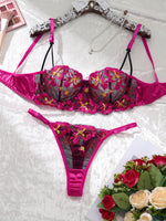 Sexy Rose-red Lingerie Including A Bra and Panties with Daisy Patterns As Well As Acomfortable Home-style Bra & Brief Sets