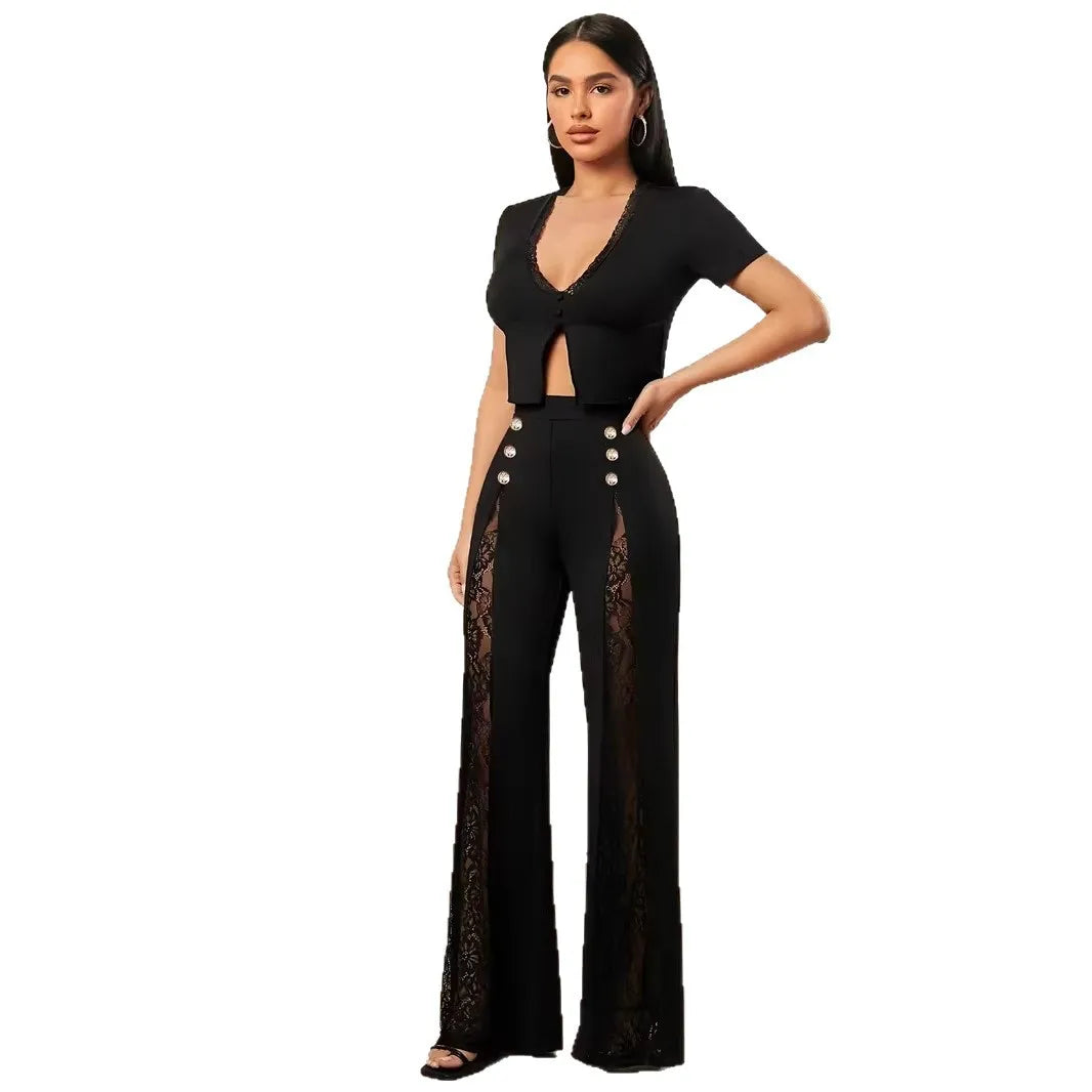 2026 Women's Solid Color Lace Spliced Flare Pants Trousers