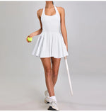 Summer Sleeveless Halter Slim Tennis Dress Women Sexy 2-in-1 Hollow Backless Golf Sports Dresses Outdoor Running Fitness Skirt