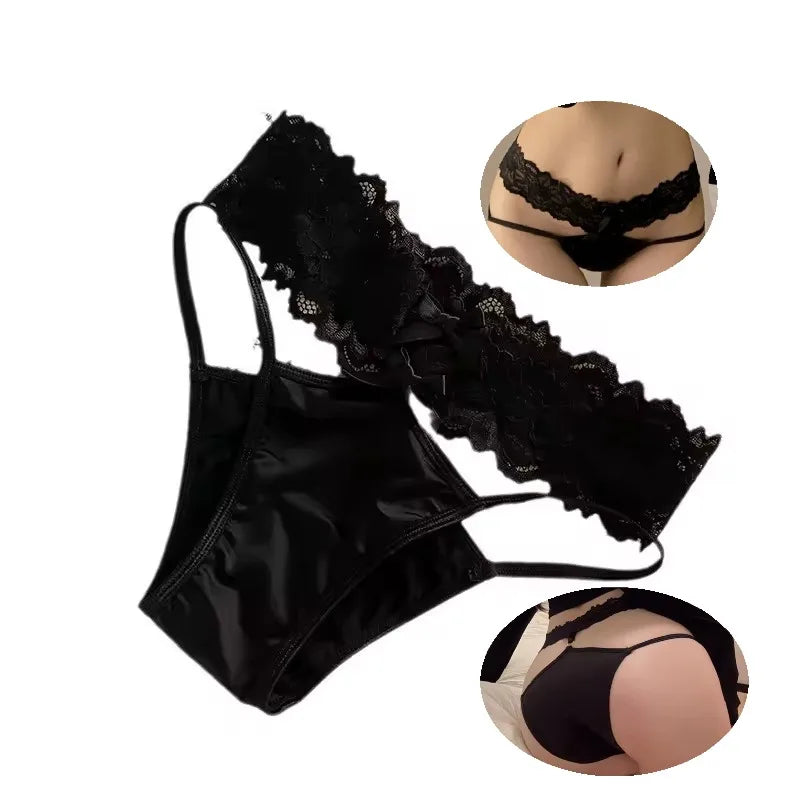 Cross Belt Lace Transparent Sexy Underpants Women's Low Waist Mesh Hollowed Bow Panties Cotton Breathable Briefs Lingerie