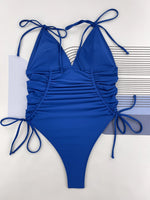 Sexy Pleate Push Up One Piece Swimsuit 2025 Women Solid Blue Slim Tummy Control Swimwear Tie Side Lace Up Bathing Suit Monokini