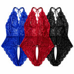 Sexy Lace Bodysuit Women Deep V Halter Teddy Lingerie Open Back Backless One Piece Sleepwear Transparent Floral Mesh Nightwear