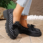 Women Polka Dot Print Platform Loafer Shoes Bow Decor Slip On Chunky Lug Sole Round Toe Sweet Preppy Casual Dress Shoes