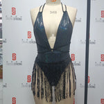New Shiny One Piece Swimsuit Sexy White Snakeskin Print Deep V Neck Swimwear Backless Bathing Suit Sequin Tassel Skirt Monokini