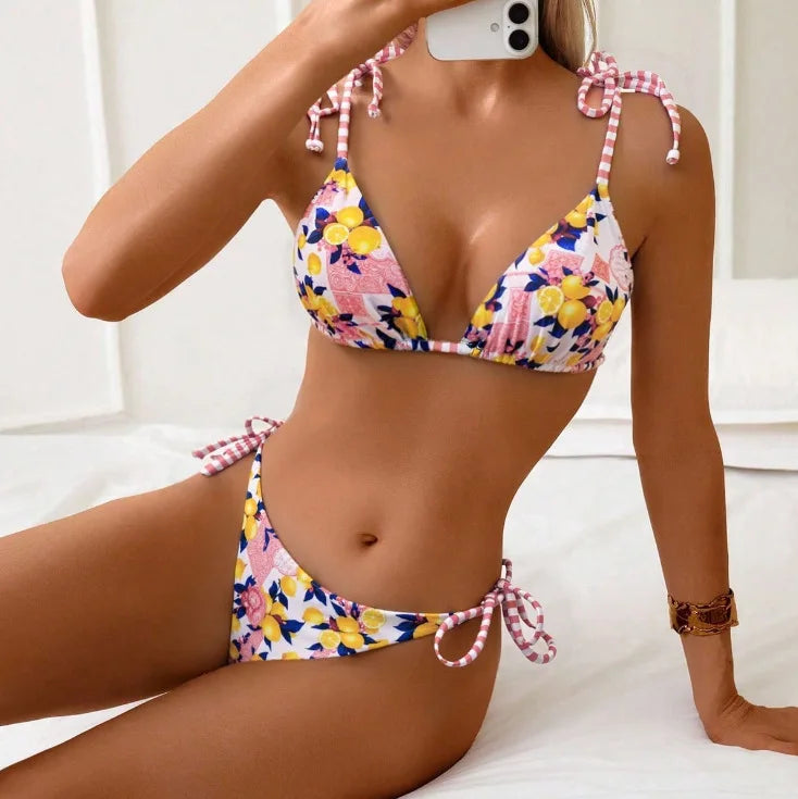Sexy Blue Fruit Print Micro Bikini 2025 Women Tie Up Strap Push Up Triangle Swimsuit Beach Bathing Suit Holiday 2 Piece Swimwear