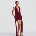 FDYOUI Elegant Halter Neck Water Drop Decoration Party Club Dress for Women 2026 Backless Bandage Folds Short Evening Dresses