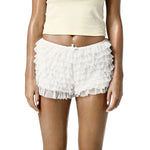 Womens Solid Color Lace Mesh Shorts Tiered Ruffled Bow Elastic Waistband Summer Leisure Lounge Short Pants