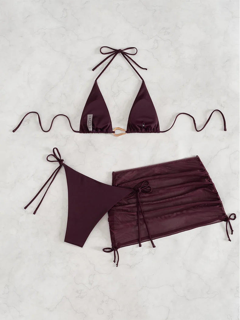 Sexy Wine Red String Bikini 2026 Women Three Pieces Swimsuit Brazilian Swimwear Female Beachwear Thong Bathing Suit Mini Biquini