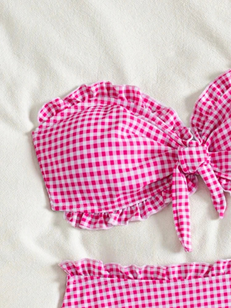 Vintage Coffee Plaid Print Bikini Set Women Bandeau Front Tie Push Up Bra High Waist Swimwear 2026 Beach Bathing Suit Swimsuit