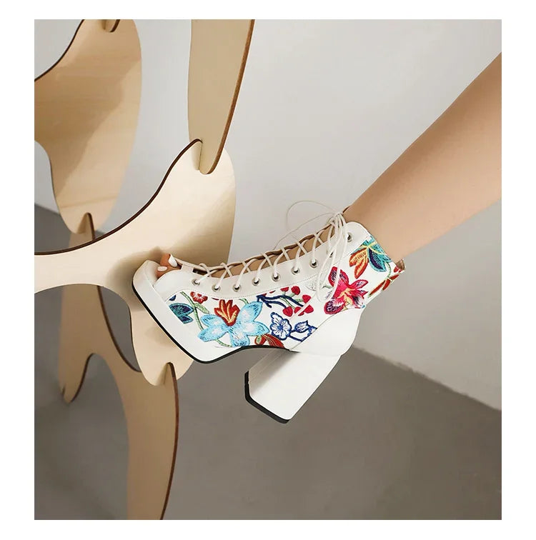 White Floral Embroidered Peep Toe Lace-Up Chunky Block Heel Platform Hollow Out Ankle Sandal Boots for Women