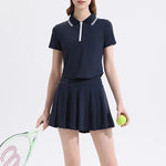 Women's summer new tennis suit set, short polo shirt, short sleeved sports top paired with pleated anti glare skirt pants