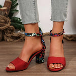 Women 2026Summer Shoes Sqaure High Sandals Vintage Flower Print Open Toe High Heels Woman Casual Buckle Ankle Strap Sandalse