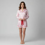 Women 2 Pieces Pajamas Sets fLong Sleeve Lapel V Neck Loose Fit Striped Print Tops with Elastic Waist Shorts Loungewear