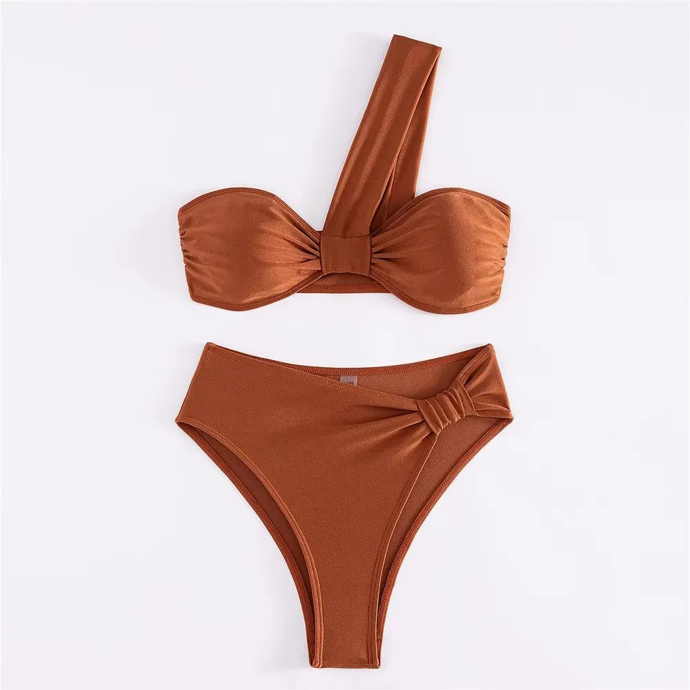 Brown One Shoulder Bikini High Waist Sexy Swimsuit Women 2026 Solid Swimwears Bathing Suit Bandeau Bikinis Sets De Mujer Biquini