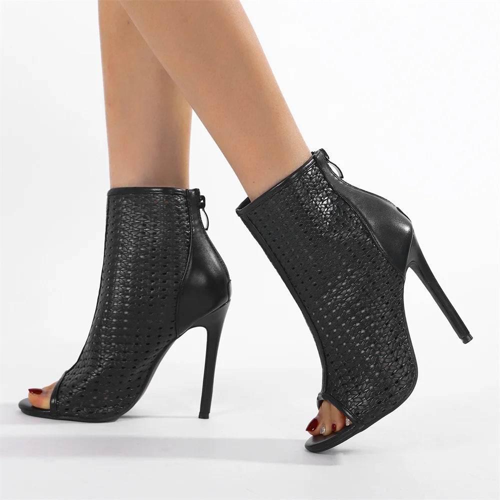 Big Size 42 Sexy Black Hollow Out Summer Boots Women Chic Peep Toe Thin High Heels Zip-up Ankle Boots Party Shoes