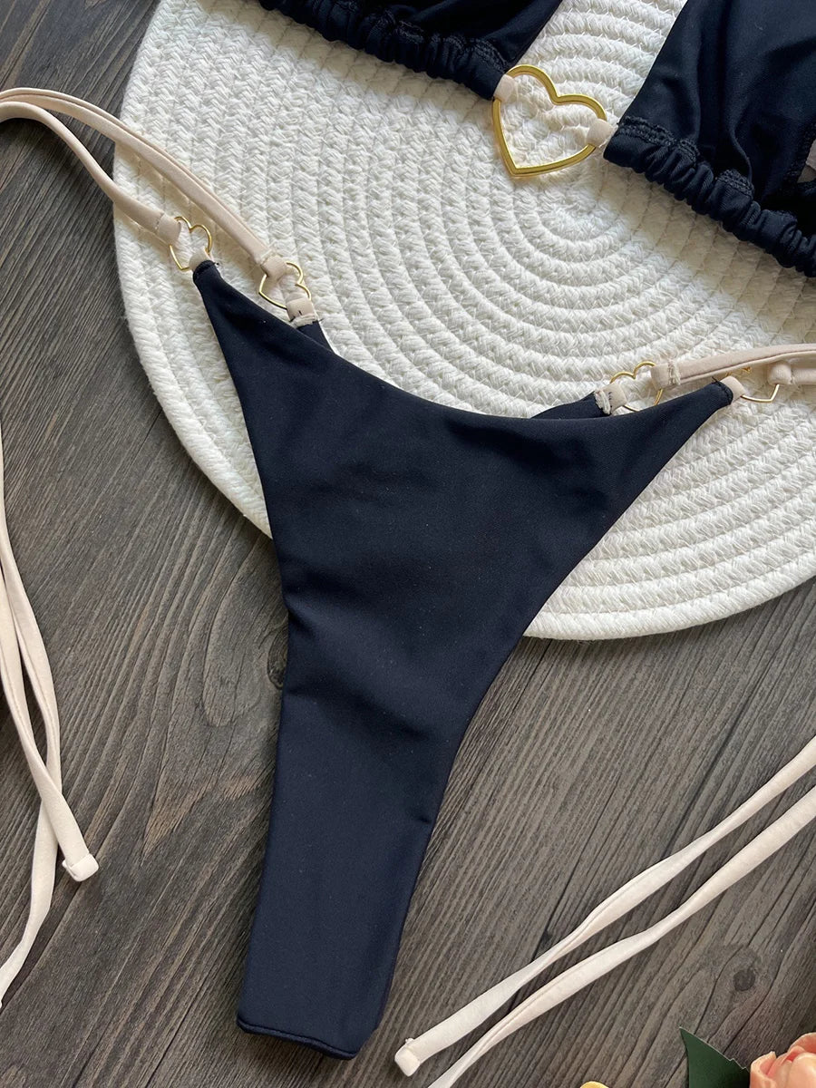 Metal Heart-shaped Halter Brazilian Bikini Female Swimsuit Women Thong Swimwear Two-pieces Bikini Set Bather Bathing Suit Swim