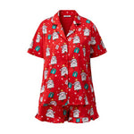 Women 2 Pieces Christmas Pajamas Sets V Neck Short Sleeve Christmas Themed Print Tops and Drawstring Waist Shorts Satin Suits