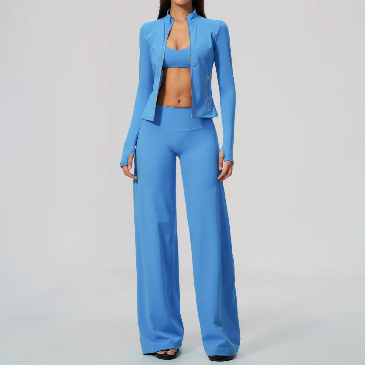 3 PCS Yoga Sets Women Long Sleeve Zipper Slim Jacket+sports Bra+high Waist Flare Pants Fitness Suits Gym Exercise Athletic Wear