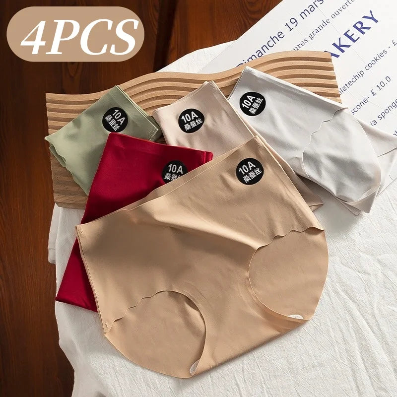 4Pcs/Set Ice Silk Panties Women Low-Waist Stretch Briefs Female Underpants Sexy Lingerie Solid Color Invisible Intimates M-XL