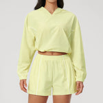 Summer Sun Protection Yoga Suit Women Contrasting Colors Long Sleeve Hoodies Top High Waist Shorts Running Fitness Athletic Wear