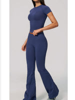 Seamless High Elasticity Yoga Sets Women Short Sleeve O Neck Sports T Shirts Workout Outfits Running Wide Leg Pants Fitness Suit