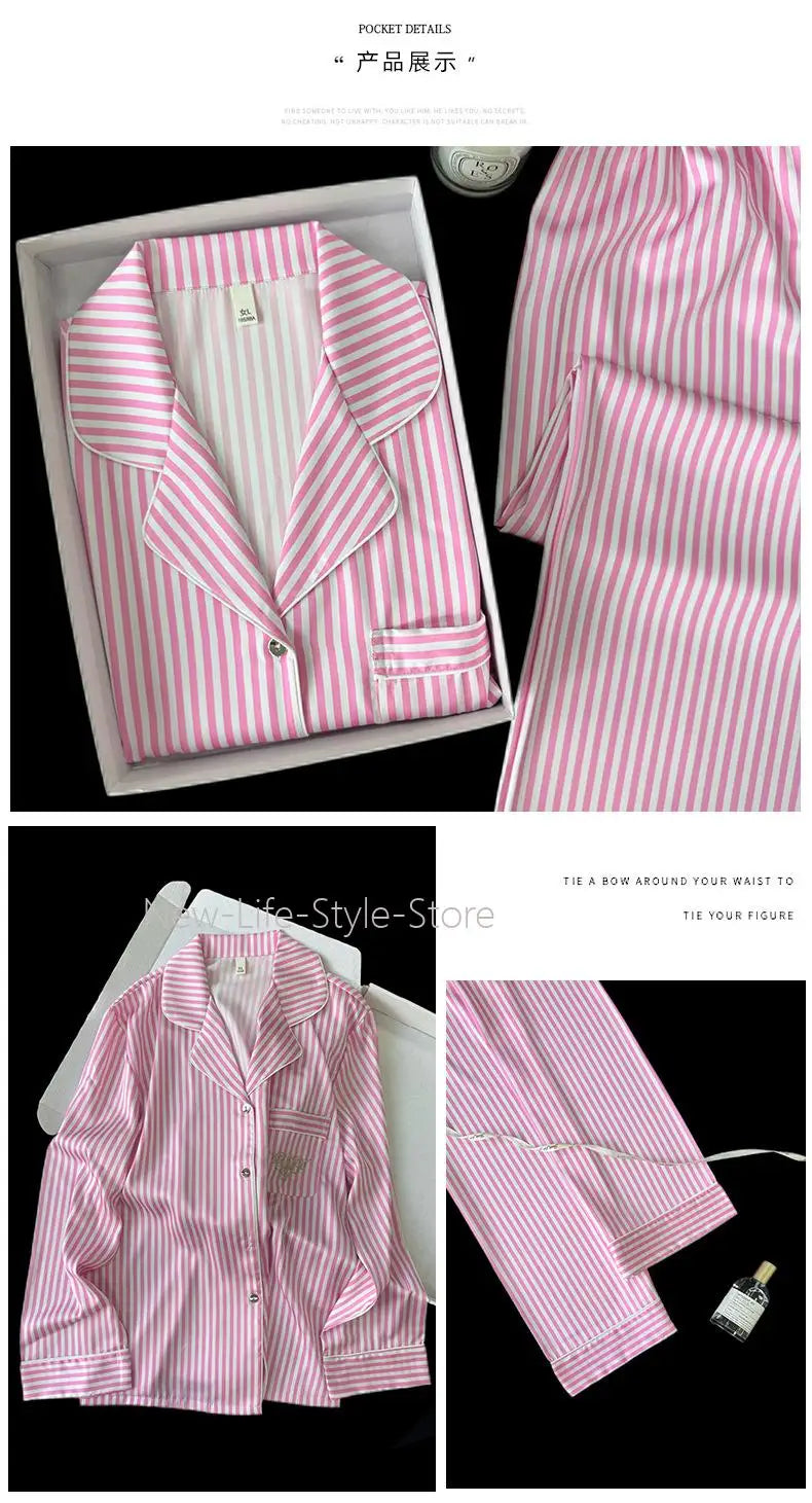 Women Ice Silk Striped Pajama Set Lapel Open Front Long Sleeve Top Long Pants Loose Pink White Light Blue Block Loungewear