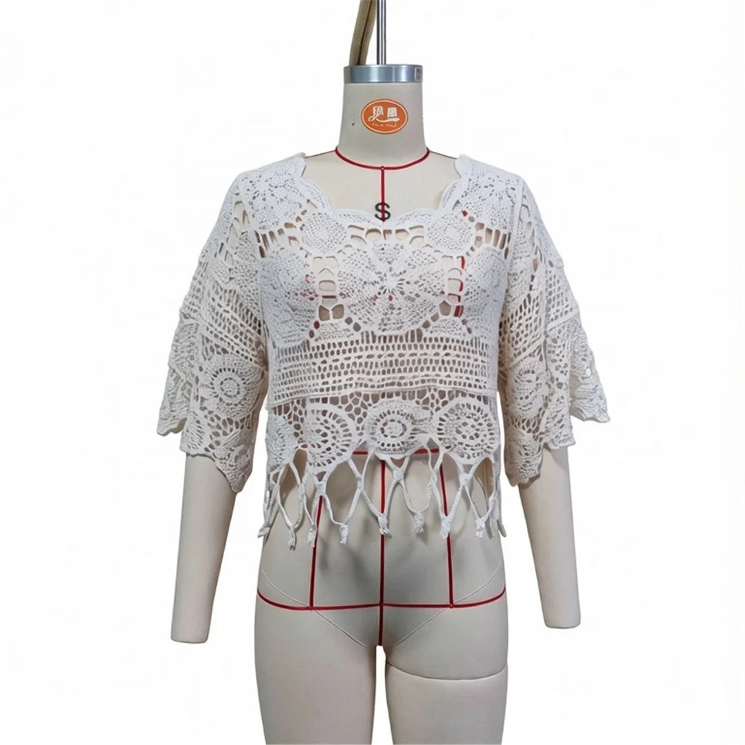 Half Sleeve Hollow Out Solid Crochet Knitted Tunic Beach Cover Up Cover-ups Beach Dress Beach Wear Beachwear Female Women V8401